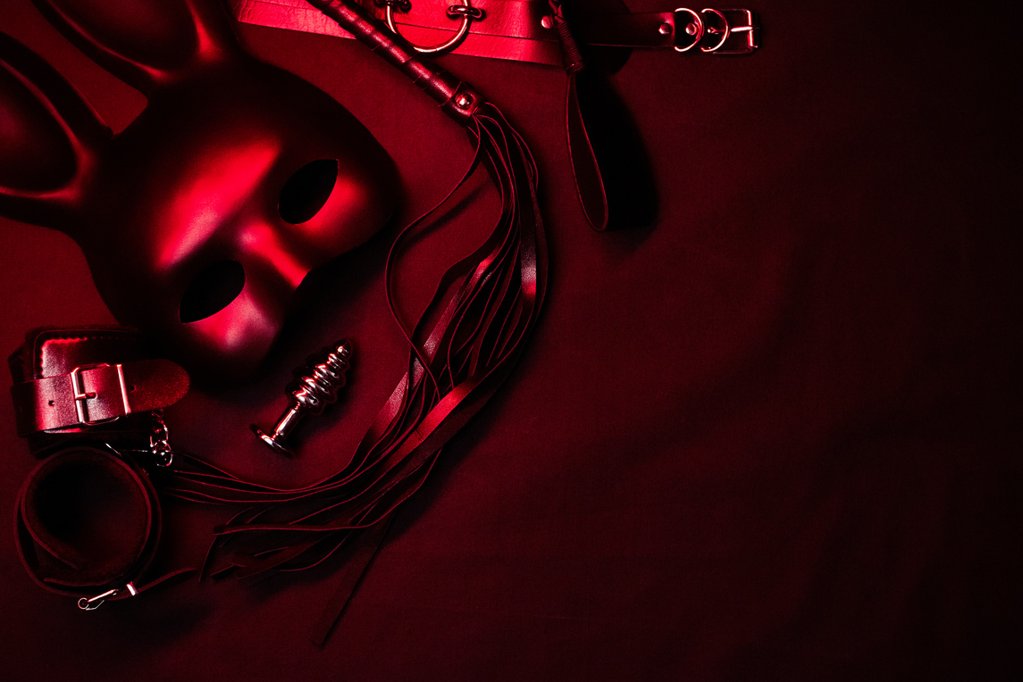 Leather Whip, Handcuffs, Choker, Mask and Metal Anal Plug 