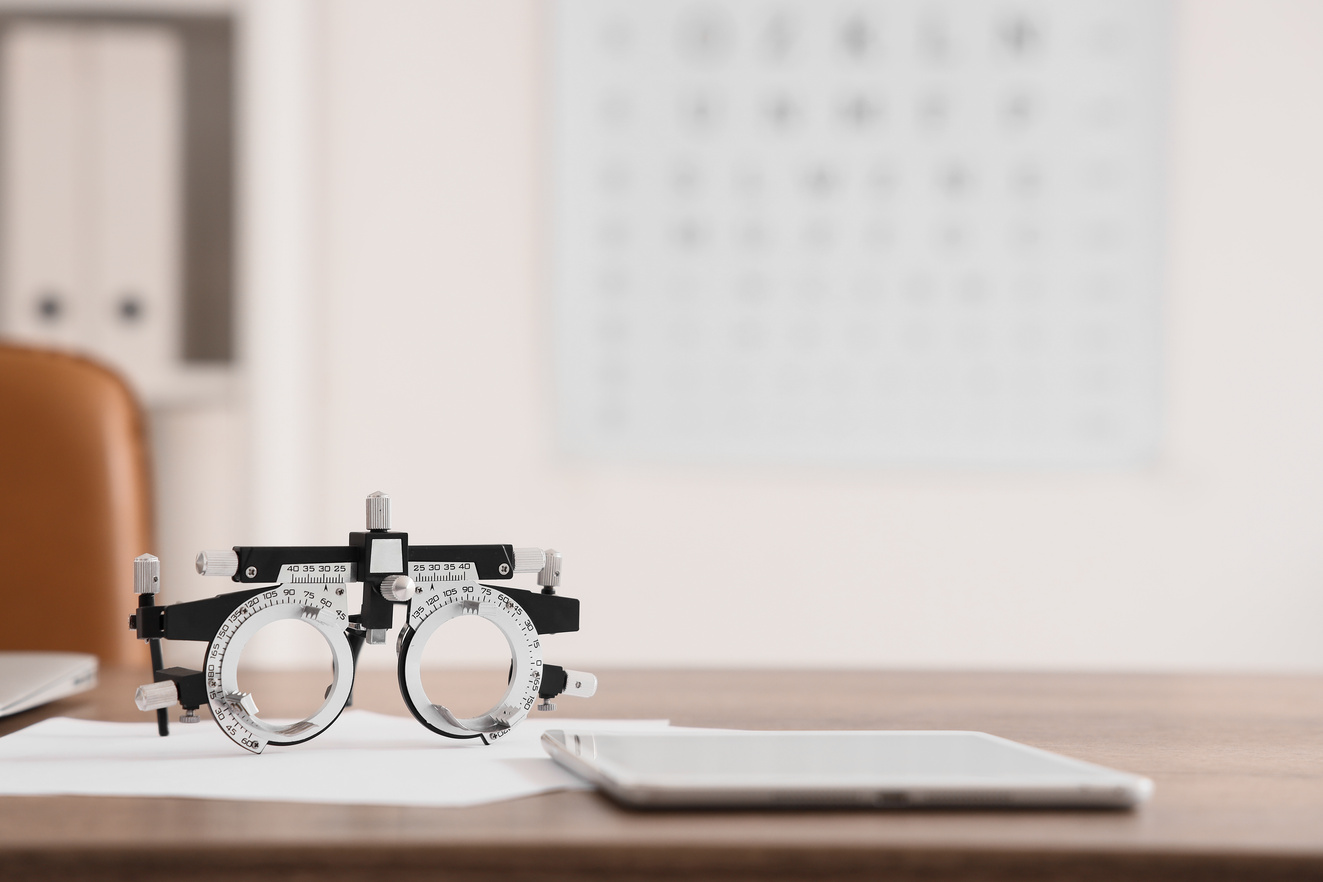 Ophthalmic Trial Frame on Table in Medical Office, Closeup