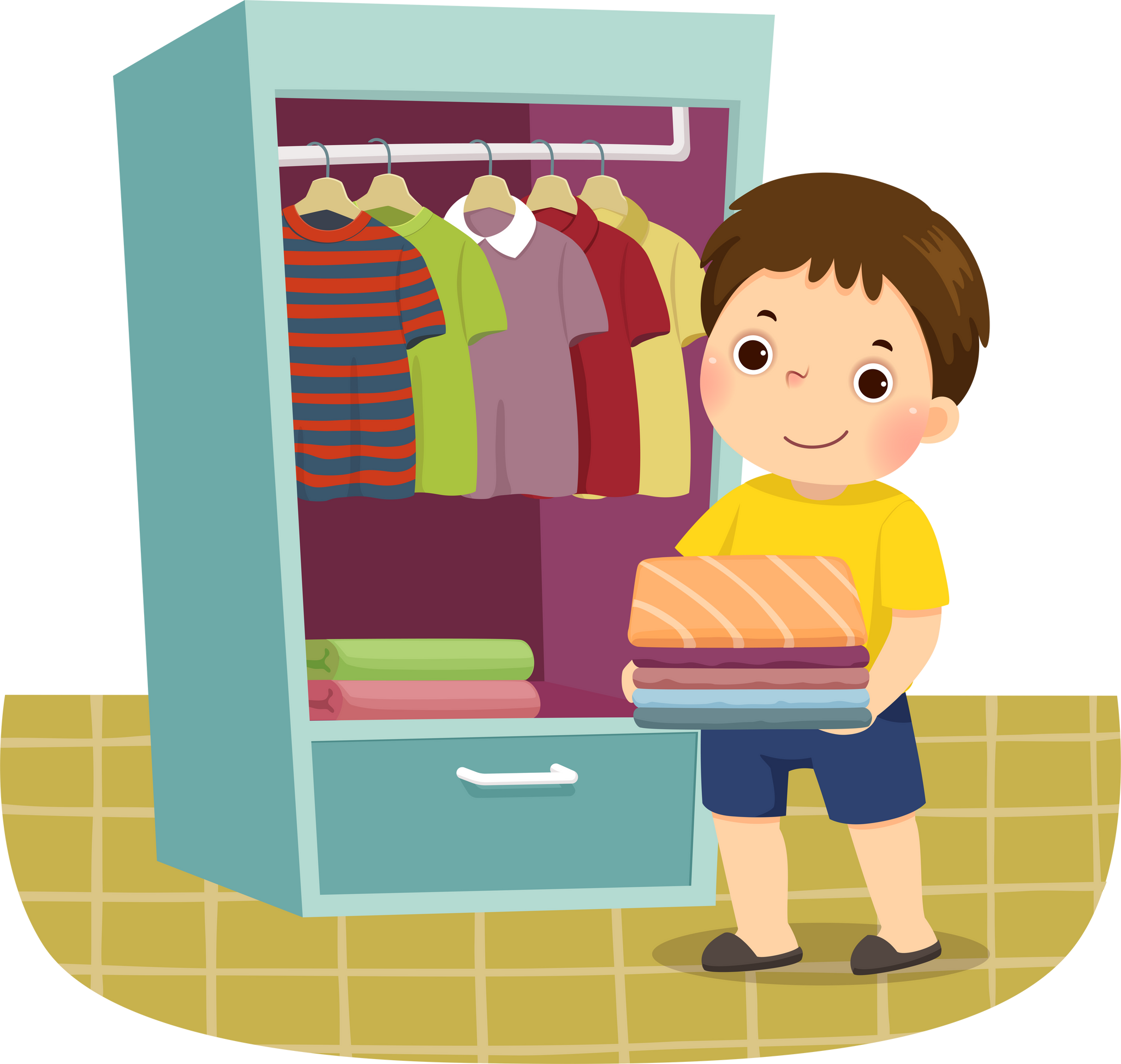 Cartoon little boy putting stack of folded clothes in closet